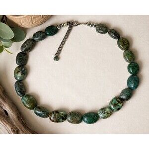 Vintage African Turqiouse Jasper Necklace Green Stone Chunky Statement 18-20"